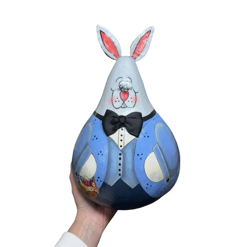 Hand‎ Painted Gourd Bunny Figurine Folk Art Rabbit Easter Decor Signed OOAK